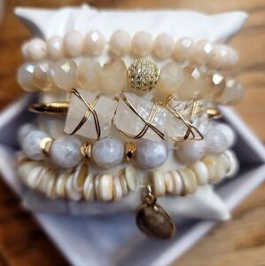 New Deb Bracelet. Elegant Gold and Cream Beaded Bracelet Set, Real Stones.